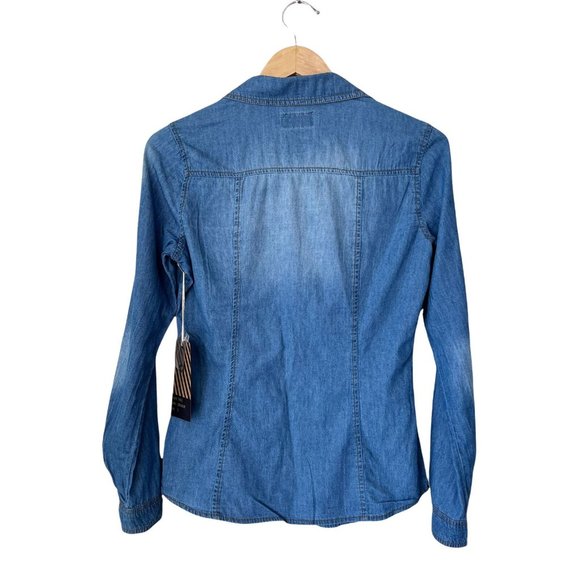 Ci Sono Womens Blue Dark Wash Long Sleeve Collared  Denim Button Up Shirt Size S - Picture 2 of 12